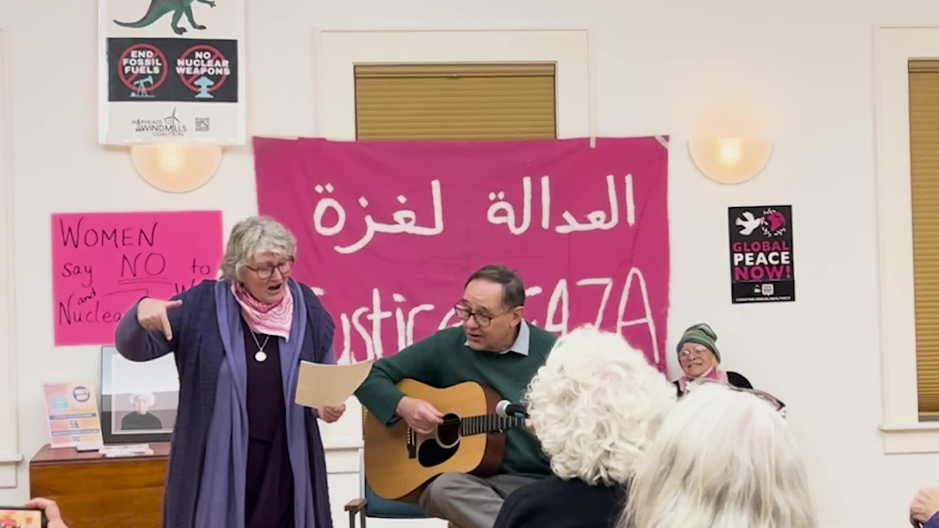 Thumbnail image for Medea Benjamin at the Northampton Friends Meeting House Nov. 8, 2024